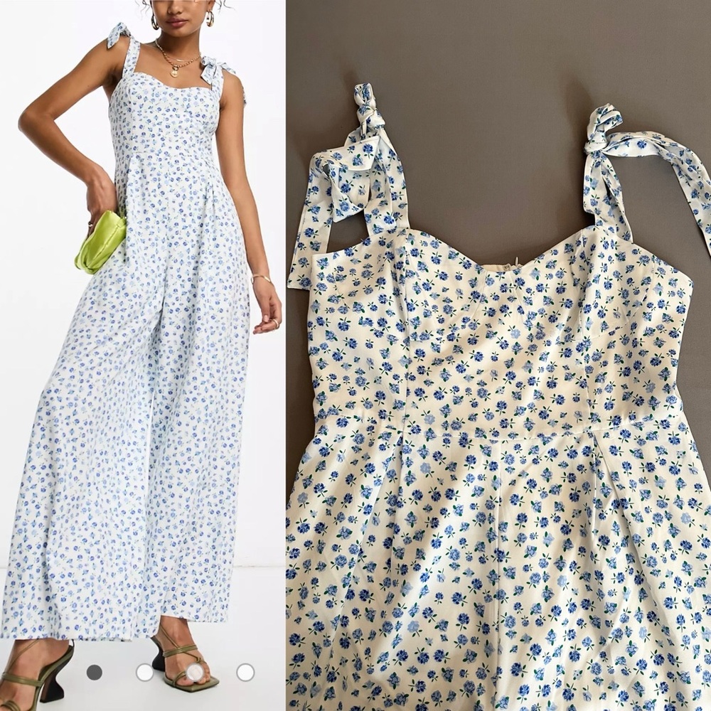 EUC ASOS Glamorous white and blue floral jumpsuit